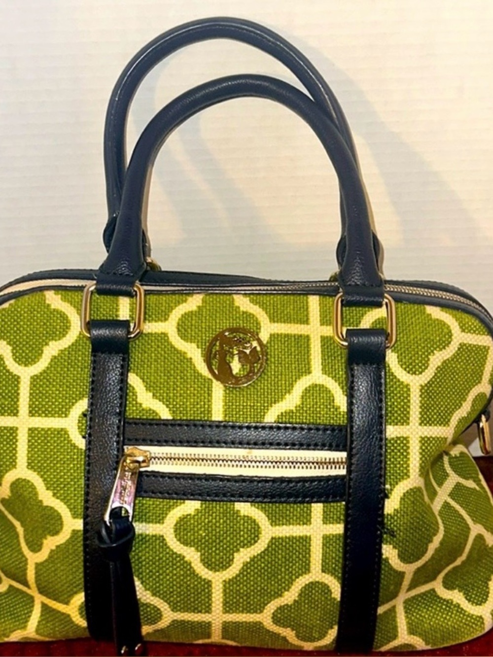 Spartina 449 Green and White linen Tote with leather Navy Trim